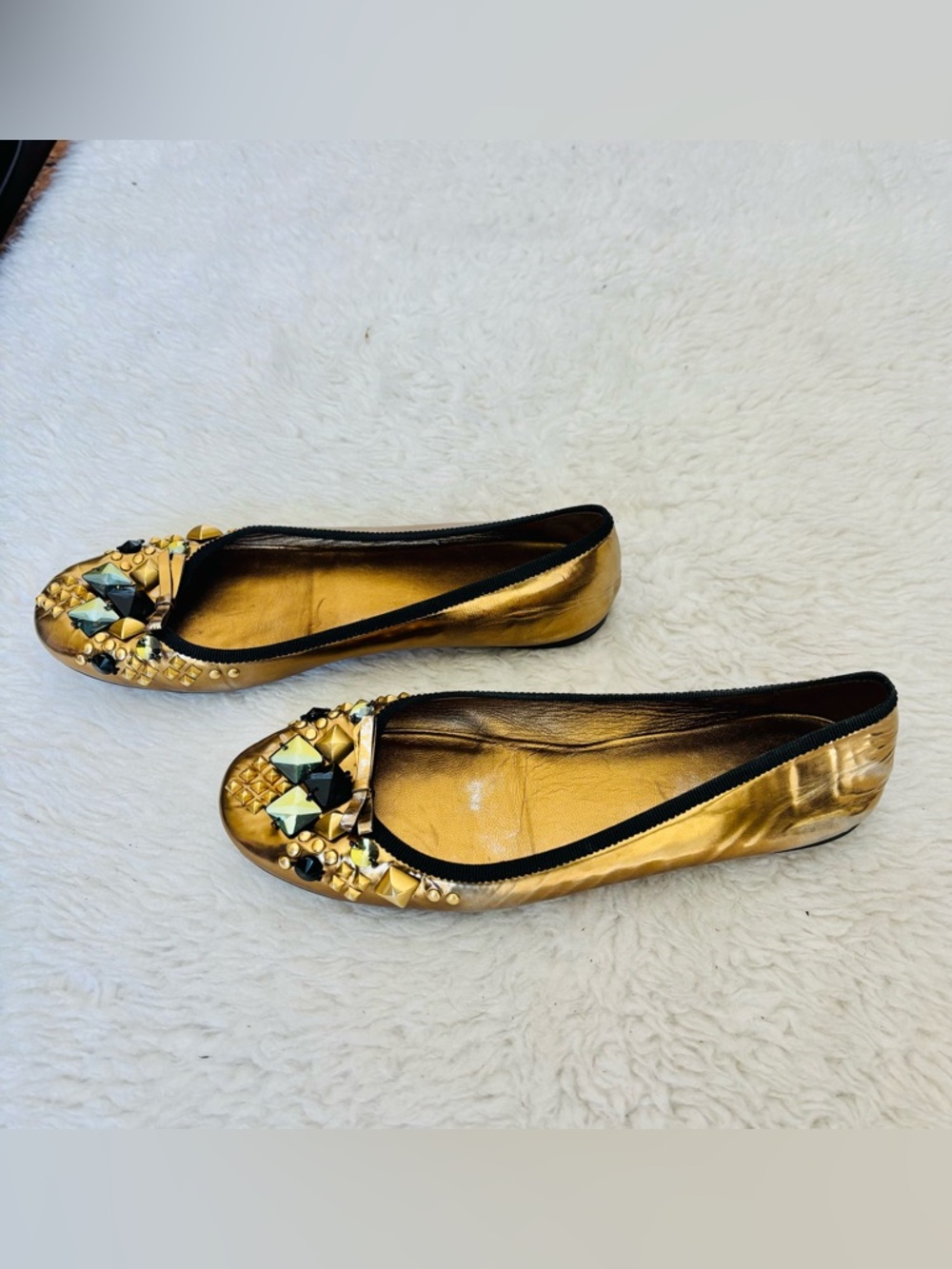 Prada Gold Metallic Embellished Jeweled Ballet Flats size EU 38.5  US 8 - Picture 4 of 12